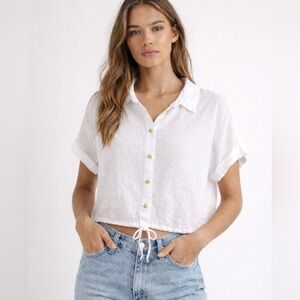 Joie 100% Linen Cropped Button Down Top White Relaxed Drawstring Hem Size M